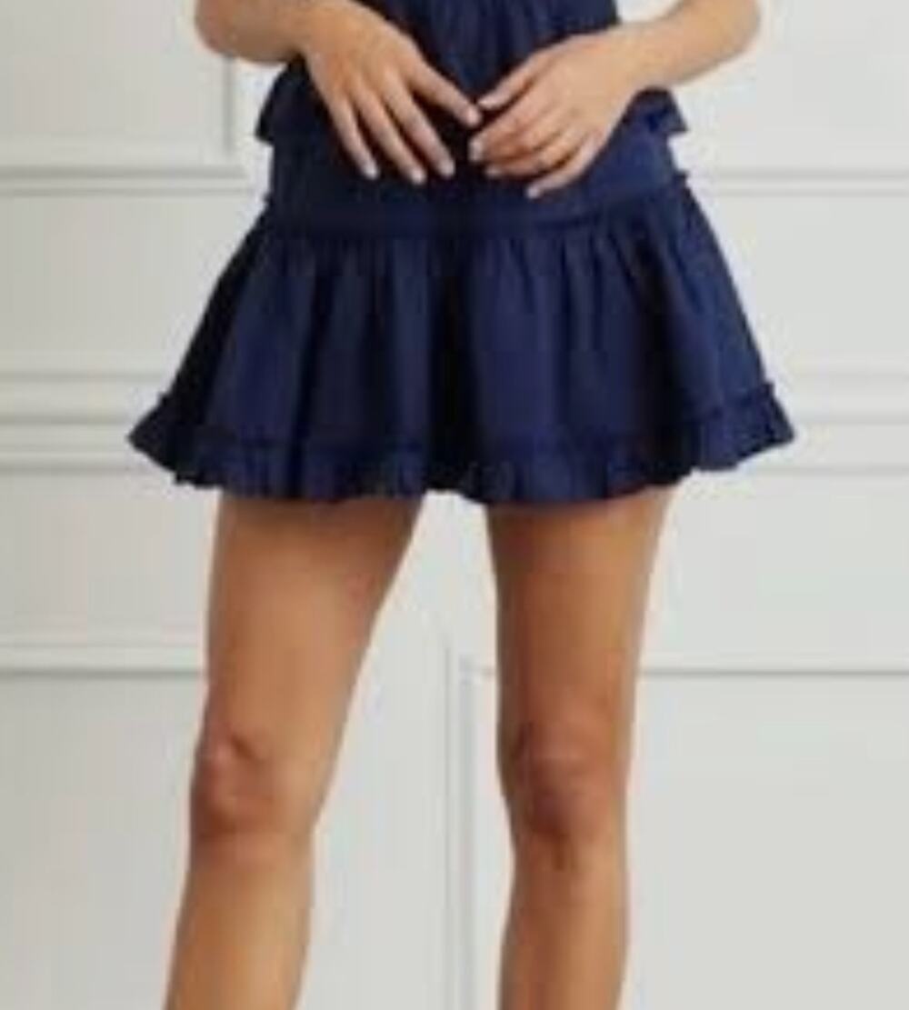 Hill House the Paz Linen Ruffle Mini Skirt Navy Blue Women’s Large Lined